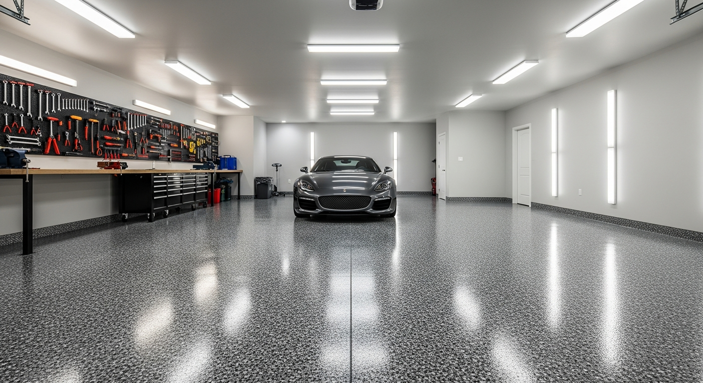 Garage floor with gray flake coating system - Sparks Coatings